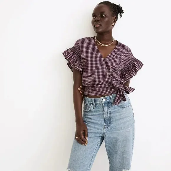 MADEWELL Flutter-Sleeve Side-Tie Wrap Top in Plaid Burnished Rose Size Medium - Picture 1 of 9